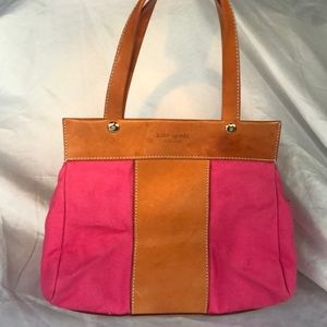 RARE VINTAGE KATE SPADE! Hot pink canvas and honey leather, well loved/cared for